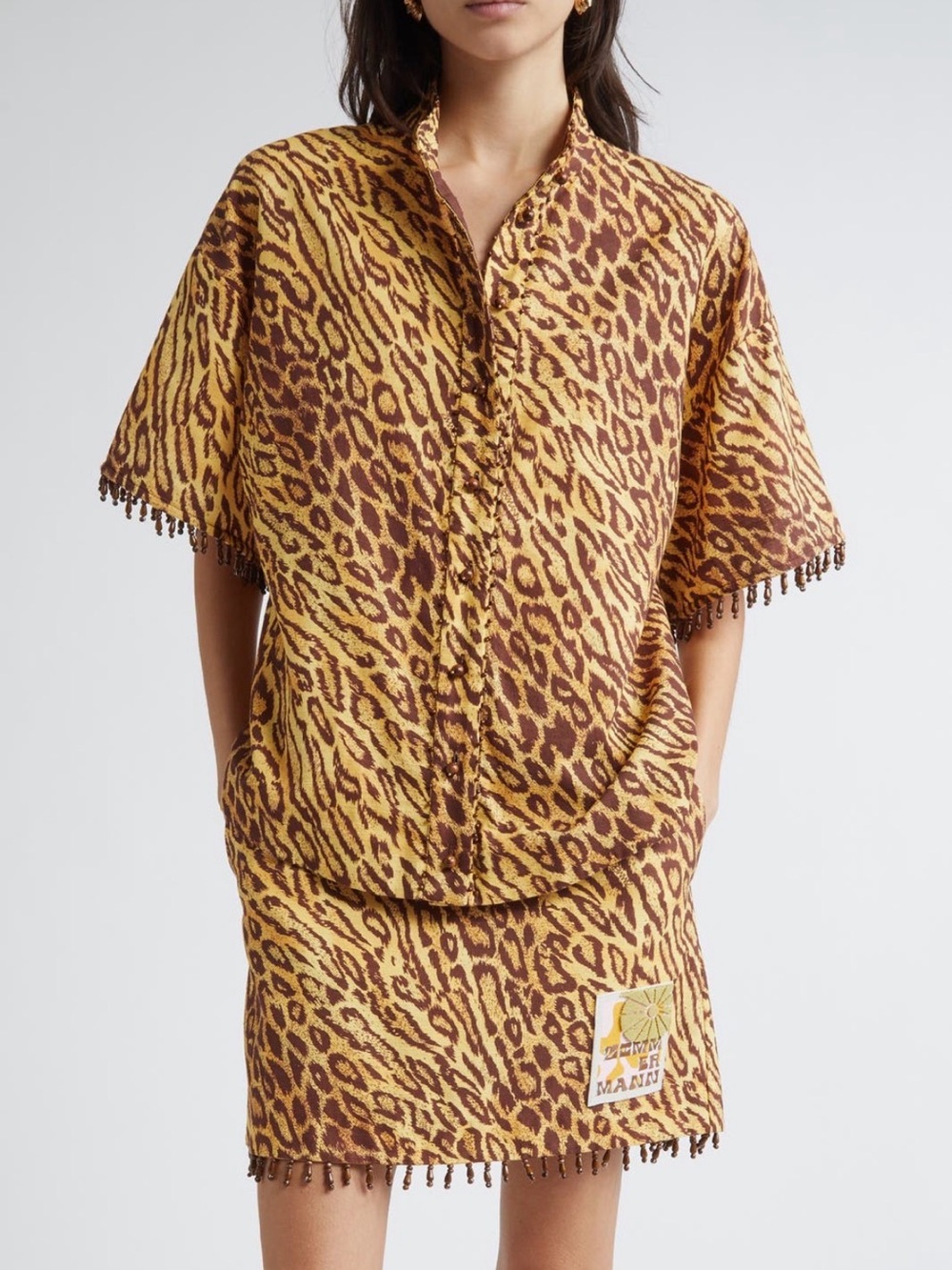 Zimmermann Coco Leopard Print Beaded Fringe Shirt